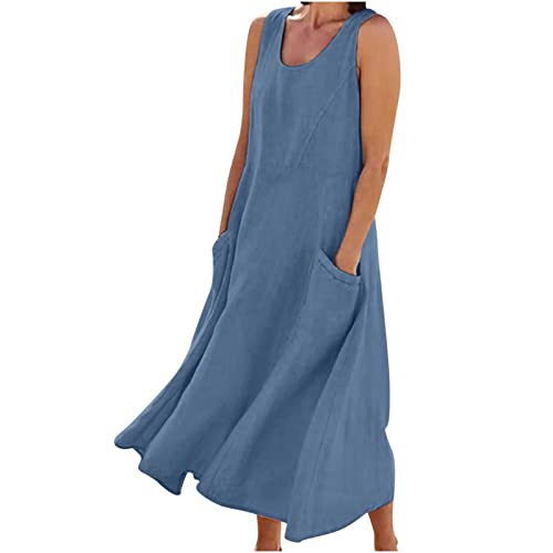 Sommerkleid Damen Leinen Kleider Casual V-Ausschnitt Midikleid Kurzarm A-Linie Kleid Strandkleid Ohne Zubehör von tsaChick