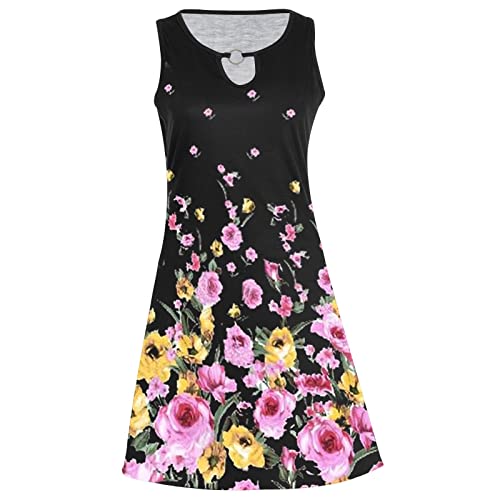 Sommerkleid Damen ärmelloses Sommer Shirtkleid Bedruckter hohler Rundhalsausschnitt Tops Kleider Slim Fit T-Shirt Kleid Casual Tank Dress Bedrucktes Schmales Ladies Kleid von tsaChick