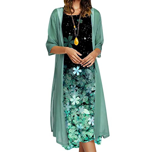 tsaChick Blusenkleid Damen Sommerkleid Ärmelloses Rundhals Kleid Blumen Cocktailkleid Damen Kleider Elegant Abendkleider für Hochzeit Langarm Chiffon Cardigan Zweiteiliges Kleid von tsaChick