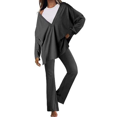 Damen 2 Stück Satin Outfits Lange Ärmel Button Down Oberteile Weite Hosen Seide Loungewear Pyjama Sets Baumwolle Lounge Set Kurzarm Oberteil Schlafanzug Weite Hose Loungewear von tsaChick