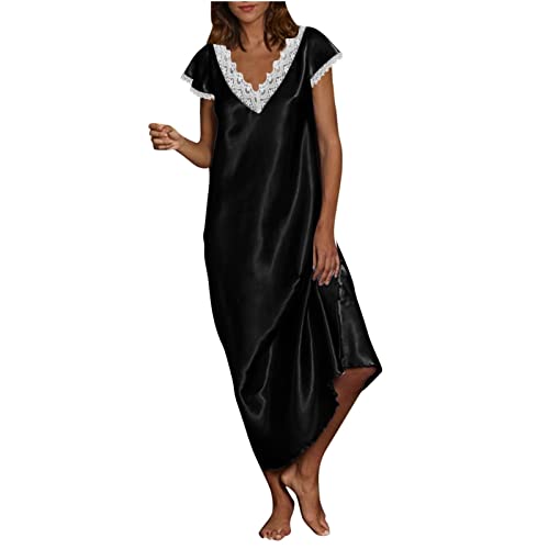 tsaChick Damen Nachthemd V-Ausschnitt Spitze Langes Nachtwäsche S-5XL Satin Übergröße Loungewear Homewear Pyjamas Langes Kleid Kurzarm Oversize Sleepshirt Schlafshirt Schlafanzug Nachtkleid von tsaChick