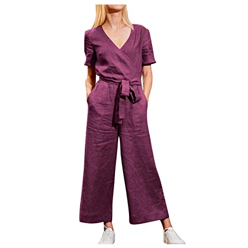 tsaChick Damen Solide Tasche Romper Kurzarm V-Ausschnitt Gürtel Lose Overalls Jumpsuit 2651 Purple 40 von tsaChick