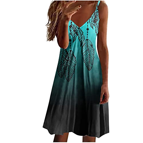 tsaChick Damen Sommerkleid Lang Halterdruck Strandkleid S-3XL äRmelloses V-Ausschnitt Knielang Tie Dye Druck Midikleid Hochtailliertes LäSsiges Neckholder Tankkleid Frauen MäDchen Umstandskleider von tsaChick