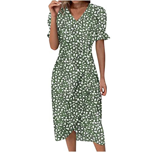 tsaChick Damen Sommerkleid Lang LäSsiges Blumenkleid Kurzarm V-Ausschnitt Knopfleiste Knielang Locker Freizeitkleid Holiday Casual Midi Kleid Floral Druck Strandkleid Frauen MäDchen Umstandskleider von tsaChick