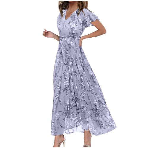 tsaChick Damenkleider Sommer Sale Angebote Summer Clothes Tunika Kleid Kurzarm Knöchellang Kleider Kurzärmelige Kleider bedruckter breiter Saum, Kurze Ärmel, V-Ausschnitt DSD60 von tsaChick