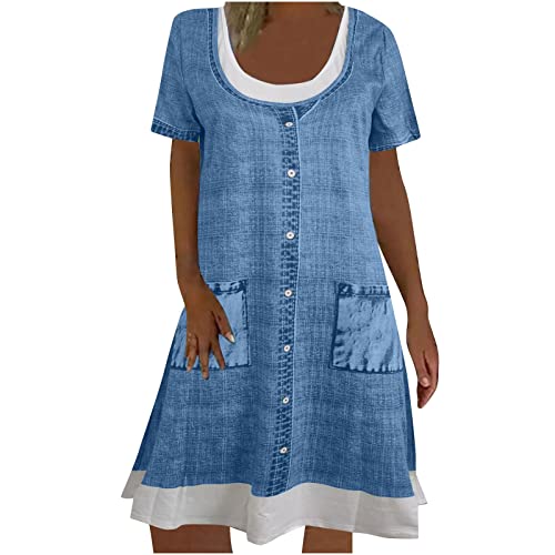 tsaChick Lmitation Denim-Kleid für Damen Lässige Kurzarm-Knöpfe mit geknöpftem Babydoll-Hemd Jeanskleid Vintage-Blaues Jeans-Knopf-Up-Shift-Denim-Kleid Retro-Schnappkleid Midi-Länge von tsaChick