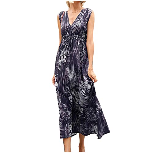 tsaChick Midi Kleider Damen Ärmelloses Kleid mit V Ausschnitt Sommerkleid Kurzarmkleid enges Kleid Strandkleid Sonnenkleid gekräuseltes fließendes langes Kleid S-XXL von tsaChick