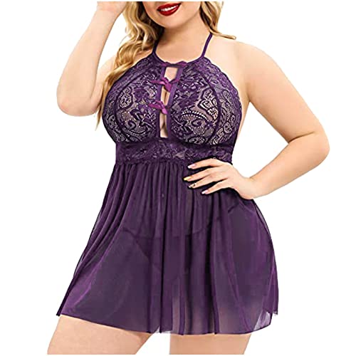 tsaChick ReizwäSche FüR Sex Damen Mollig Dessous Frauen Silk Lace Babydoll NachtwäSche Nachthemd Pyjamas Set Kimono Damen Morgenmantel Satin Bademantel Seide Roben V Ausschnitt Mit Violett XXL von tsaChick