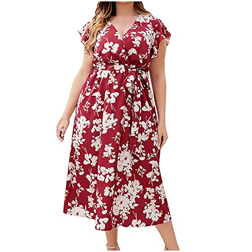 tsaChick Satin Kleid Kleid Große Größen Damen Sommer Blumen Lang Elegant Sommerkleid Für Mollige Frauen V Ausschnitt Kurzarm Kleider Leichte Sommerkleider von tsaChick