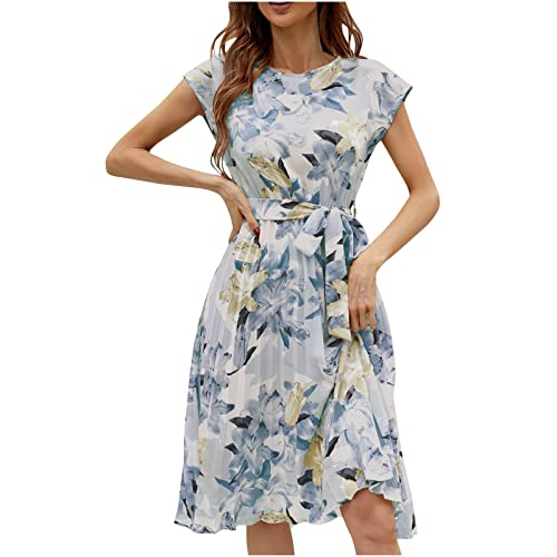 tsaChick Sommerkleid Damen Chiffon Knielanges Kleid Casual Lässiges Kurzarm Rundhalsausschnitt Kleider Schlanke Passform Taille Krawatte Slim Fit Plissiertes Druck Kleid Faltenrockkleid Women's Kleid von tsaChick