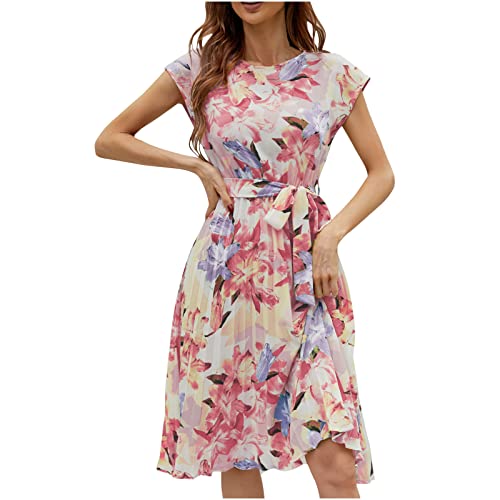 tsaChick Sommerkleid Damen Chiffon Knielanges Kleid Casual Lässiges Kurzarm Rundhalsausschnitt Kleider Schlanke Passform Taille Krawatte Slim Fit Plissiertes Druck Kleid Faltenrockkleid Women's Kleid von tsaChick