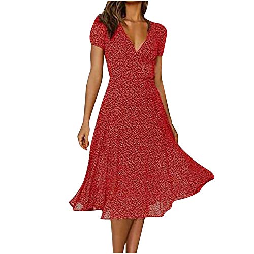 tsaChick Sommerkleid Damen Sexy V-Ausschnitt Tupfen Maxikleid Gerüschter Rüschensaum Schmal Kurzarm Langes Kleiner Polka Dot Slim unterhalb des Knies Kleid Elegant Prinzessinnenärmeln Women's Kleider von tsaChick