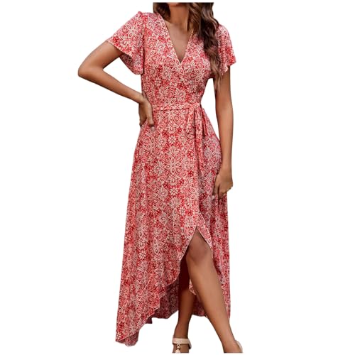 tsaChick Strandkleid Damen Summer Dress Sale Angebote Leinenkleid Damen Kurzen Ärmel Below The Knee Kleider Damen Floral Printed Kurzarm V-Ausschnitt Einteiler Strappy Irregular Split Dress DSE52 von tsaChick