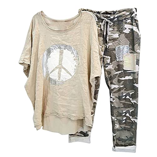 tsaChick Traingsanzug Damen Jogginganzug 2 Stück Outfits Lose Tops Hose Sportanzug Kurzarm Löwenzahn Druck Bluse Lange Camouflage Hose Zweiteiler Jogger Trainingsanzug Set Sweatshirt von tsaChick