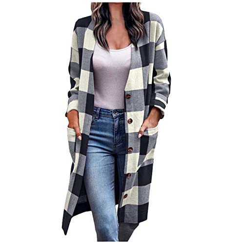 tsaChick Women's Casual Lounge Lapel Button Down Long Plaid Shirt Coat Shacket Jacket Long Sleeve Collared Flannel Coats spring autumn von tsaChick