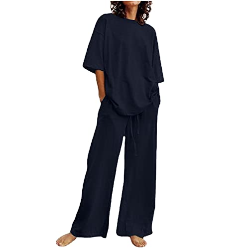 tsaChick Zweiteiler Damen Elegant Sommer Elegant Hosenanzug Leinen 3/4 Arm Langarmshirt Freizeithose Tracksuit Set Sommer Einfarbig Outfit Loungewear Streetwear Freizeitanzug Anzug 2 Teiler Hausanzug von tsaChick