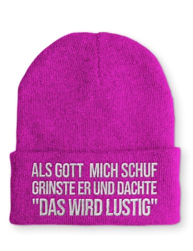 Als Gott Mich Schuf grinste er und dachte Das Wird lustig Statement Beanie Mütze mit Spruch, Farbe: Pink von tshirtladen