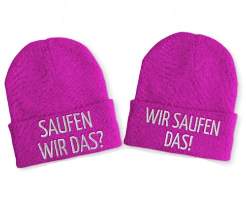 Saufen wir das? Wir Saufen das! Duo Statement Wintermütze Beanie Partnermützen, Farbe: Pink von tshirtladen