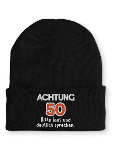 tshirtladen Achtung 50 Bitte laut und deutlich sprechen. Statement Beanie Mütze Wintermütze mit Spruch, Farbe: Black von tshirtladen