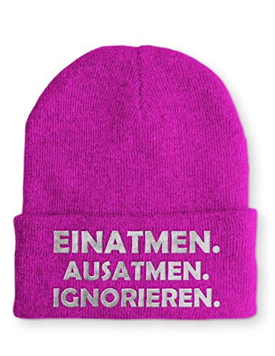 tshirtladen Einatmen. Ausatmen. Ignorieren. Statement Beanie Mütze mit Spruch, Farbe: Pink von tshirtladen