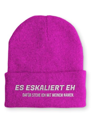 tshirtladen Es eskaliert eh Spruchmütze Strickmütze Wintermütze lustige Beanie mit Stick OneSize Mütze, Farbe: Pink von tshirtladen