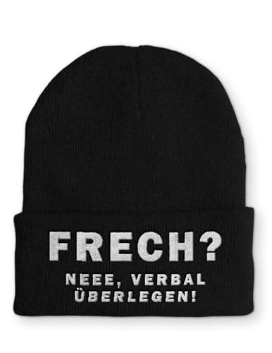 tshirtladen Frech? Neee, verbal überlegen! Statement Beanie Mütze Wintermütze mit Spruch, Farbe: Black von tshirtladen