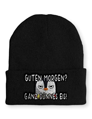 tshirtladen Guten Morgen? Ganz dünnes Eis! Statement Beanie Mütze mit Spruch Pinguin, Farbe: Black von tshirtladen