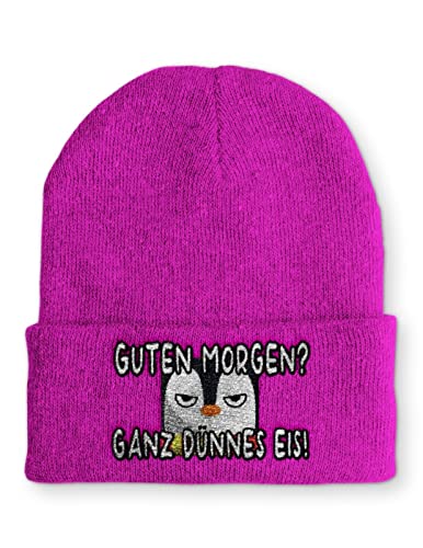 tshirtladen Guten Morgen? Ganz dünnes Eis! Statement Beanie Mütze mit Spruch Pinguin, Farbe: Pink von tshirtladen