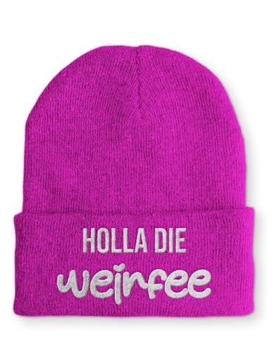 tshirtladen Holla die Weinfee Statement Beanie Mütze mit Spruch, Farbe: Pink von tshirtladen