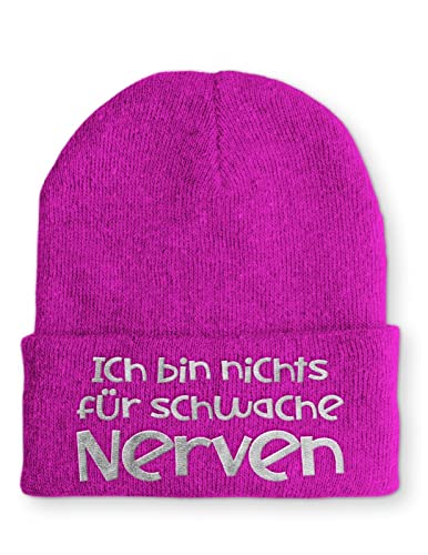 tshirtladen Ich bin nichts für schwache Nerven Statement Beanie Mütze mit Spruch, Farbe: Pink von tshirtladen