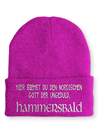 tshirtladen Strickmütze Hammersbald Nordischer Gott der Ungeduld Statement Beanie Mütze mit Spruch, Farbe: Pink von tshirtladen