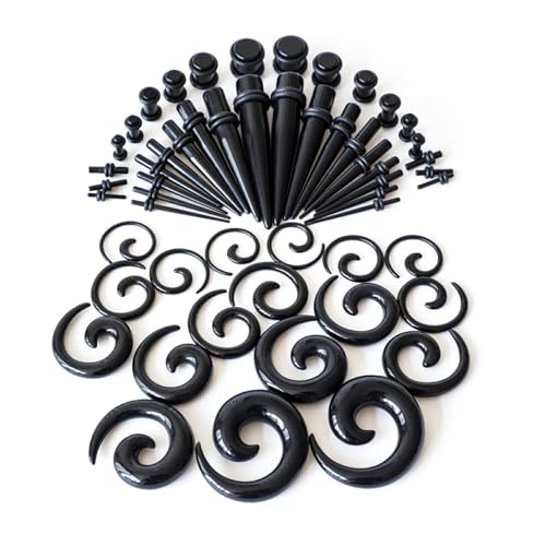 tuwiwol 54 teiliges, hochwertiges, einfaches und sicheres, beliebtes Acrylkegel und Plug Set zur Ohrdehnung, Ohrmessgeräte Expander Set, Geschenk, Schwarz von tuwiwol