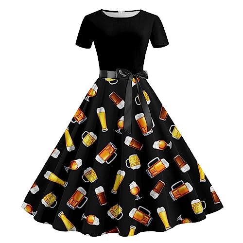 umifyxioy Dirndl Damen, Dirndl-Komplettsets Für Damen Kurzarm Rundhals Oktoberfest Drucken Trachtenkleid Rockabilly Cocktailkleider Vintage Kleid Bierkleid Bühnenkleid Festlich Tunikakleider Damen von umifyxioy