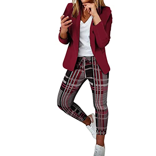 umifyxioy Hosenanzug Damen, Damen Elegant Business Anzug Set Blazer Büro Business Hosen + Mäntel Jacke Langarm Outwear Karo Kariert 2-teilig Zweiteiler Streetwear Sportlich Festlich Hosenanzug von umifyxioy