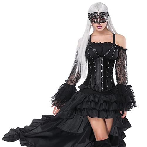 umifyxioy Mittelalter Kleidung Damen, Damen Gothic Kleid Sexy Spitze Schulterfrei Langarm Schwarz Korsagen Taille Korset Lang Hauch Bluse Mini Korsett kurz Party Steampunk Korsett Kleider von umifyxioy