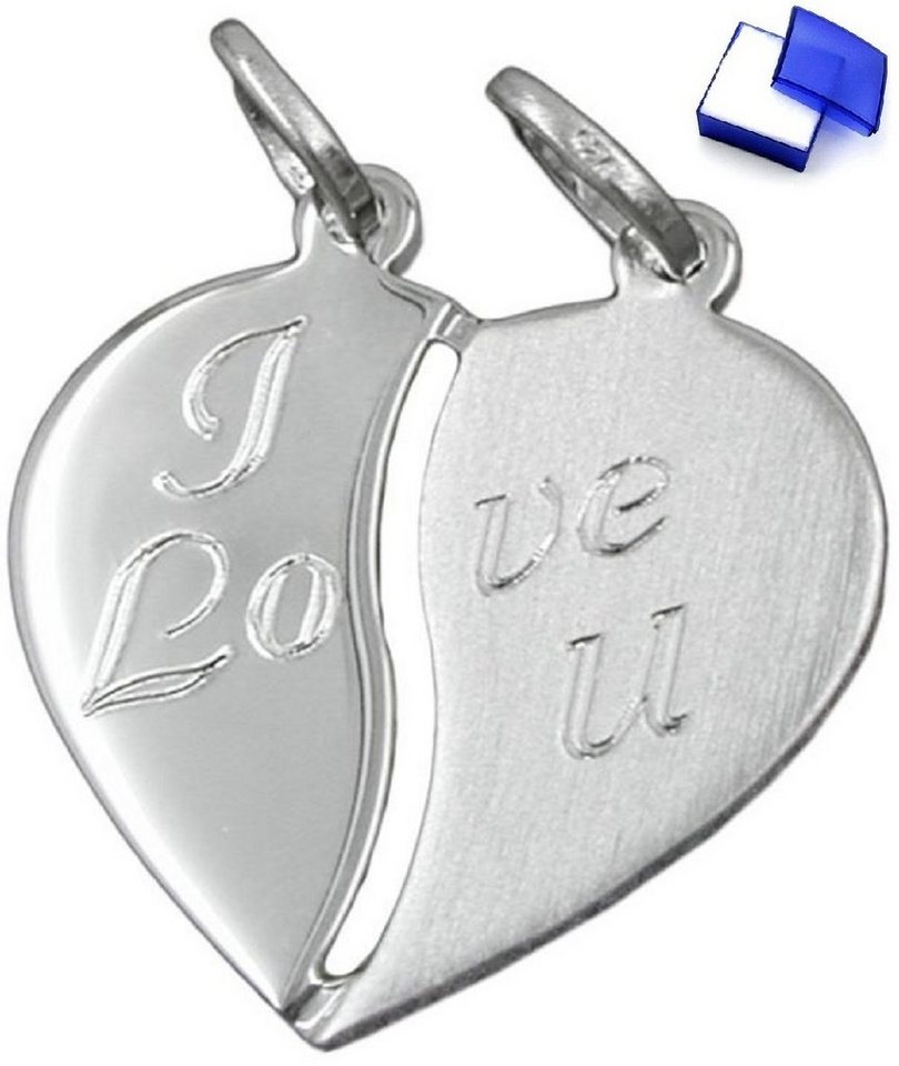 unbespielt Herzanhänger Kettenanhänger Partneranhänger Anhänger Doppelanhänger Herz mit Gravur - I LOVE U - 925 Silber 18 x 17 mm inkl. kl. Schmuckbox, Silberschmuck für Damen und Herren von unbespielt