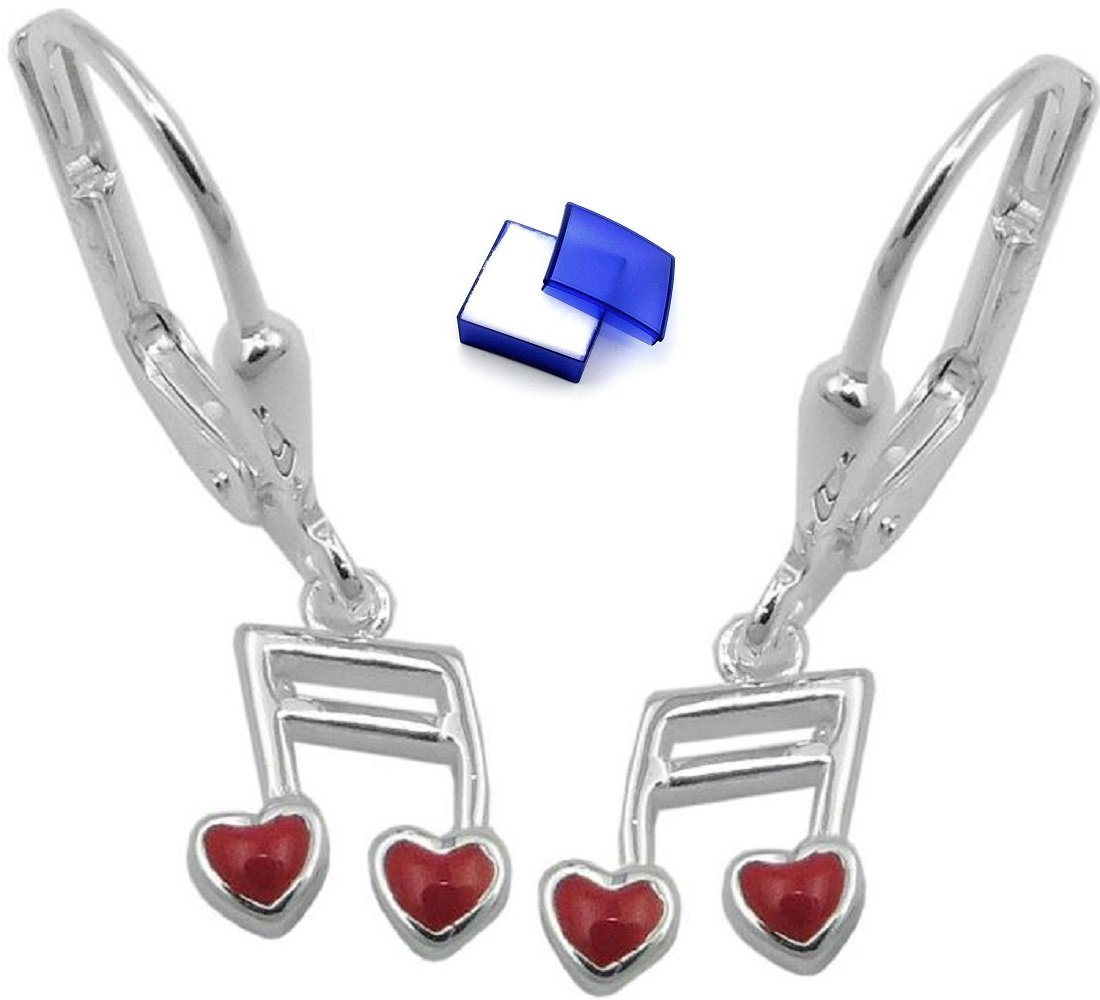 unbespielt Paar Ohrhänger Brisur Musik-Doppelnoten mit Herz rot 925 Silber 24 x 7mm Schmuckbox, Silberschmuck für Damen von unbespielt