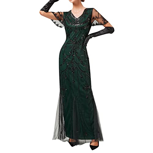 Frauen Vintage Kleider sexy Cocktailkleid ärmellose 1920er Jahre Party helles Abendkleid Kurze Ärmel Slim Fit Lange Fischschwanz Rock Damen 1920 Pailletten Kleid Mode Kurze Partykleid von unilarinna