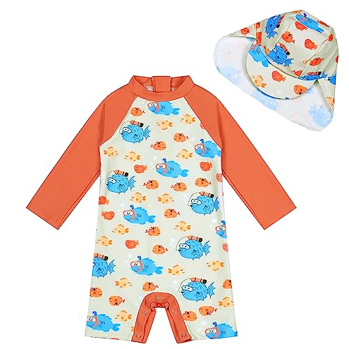 upandfast Baby Mädchen Badeanzug mit Knöpfen UV Schutz Badebekleidung Für Baby(Orange Fisch, 24-36 Monate) von upandfast