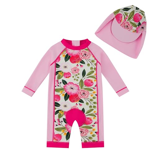 upandfast Baby UV Badebekleidung Mädchen Einteiler Badeanzug Baby mit Sonnenhut(9-12 Monate, Rosa Blume) von upandfast