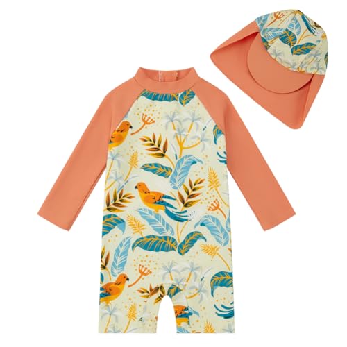 upandfast Badeanzug Baby mit Sonnenhut UV Schutz 50+ Badebekleidung für Baby Mädchen(6-9 Monate,Orange Vogel) von upandfast