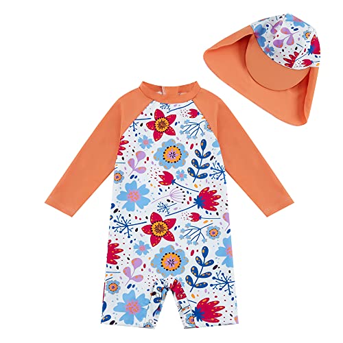 upandfast Langärmliger Badebekleidung für Baby Mädchen Surfanzug mit Sonnenschutz(Orange Blume,24-36 Monate) von upandfast