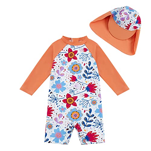 upandfast Langärmliger Badebekleidung für Baby Mädchen Surfanzug mit Sonnenschutz(Orange Blume,3-6 Monate) von upandfast