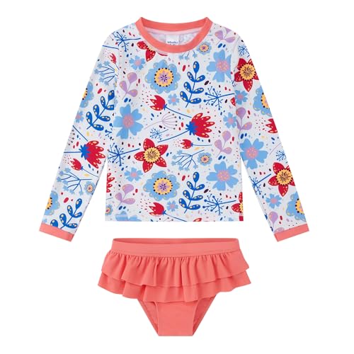 upandfast Mädchen UV-Schutz Badeanzug Schwimmanzug Badebekleidung 2-Pieces Swimsuit(3 Jahre,Orange Blume) von upandfast