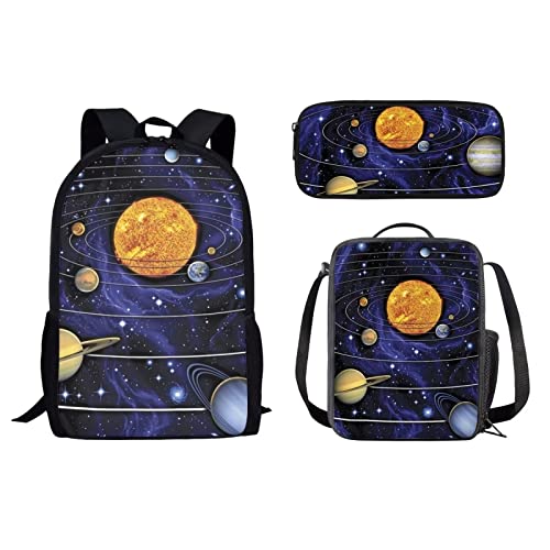 urtradezz 3 in 1 Rucksack Set Sonnensystem Rucksack mit Lunchtasche Federmäppchen 3-teiliges Set Schultasche Büchertasche Tagesrucksack für Jungen Mädchen, Solarsystem, Einheitsgröße, Rucksack, von urtradezz