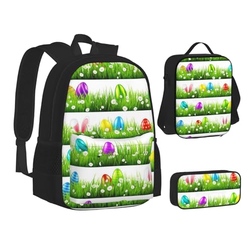 urtradezz Bunter Ostereier-Rucksack mit Lunch-Tasche, Federmäppchen, 3-teiliges Set, Schultasche, Büchertasche, Tagesrucksack für Jungen und Mädchen, Buntes Osterfest, Einheitsgröße, Rucksack, von urtradezz