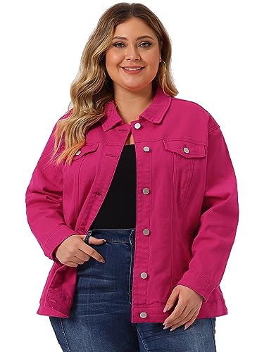 uxcell Damen-Jeansjacke mit Ziernähten, Knopfleiste vorne, gewaschene Denim-Jacke, Knallpink (Hot Pink), 3X von uxcell