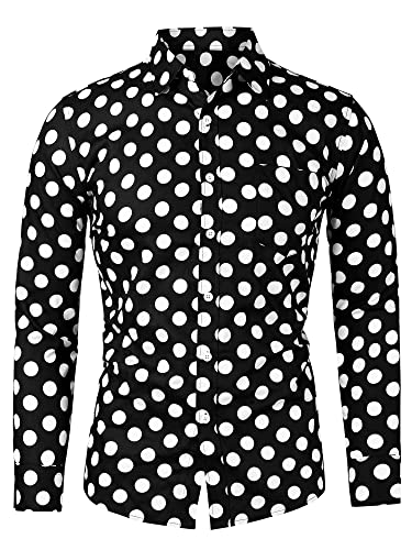 uxcell Herrenhemden Polka Dots Langarm Slim Fit Bedrucktes Kleid Button Down Shirt, Schwarz Weiß, XX-Large von uxcell