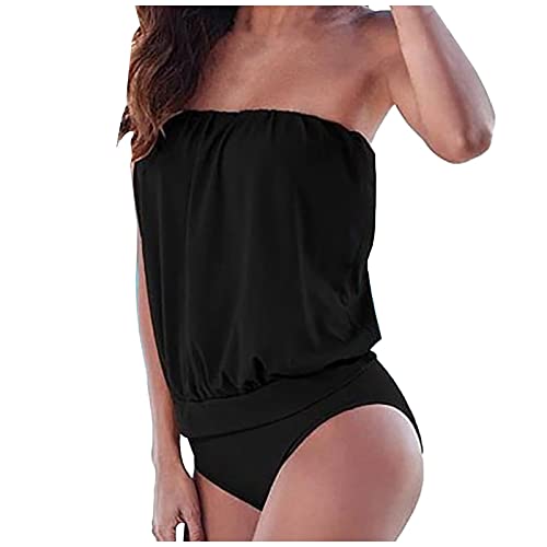 Badeanzug Damen Ohne Träger Monokini Tankini Sommer Elegant Strandmode Bademode Strand Vintage Shape Bikini Mädchen Anzug Damen Figurformend Effekt Bekleidung Damen Schwarz XL von uxxnjfg