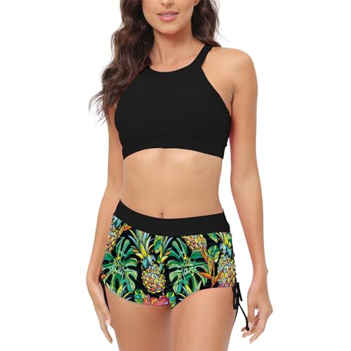 Bikini Damen Bauchweg Bikini Oberteil Große Brüste Sommer Mädchen Bikini-Sets Push Up Perioden Sport Hawaii Bademode Mit Tropenmuster Wickel Badeanzug Swimsuit Bandeau Top Badehose (Schwarz,S) von uxxnjfg